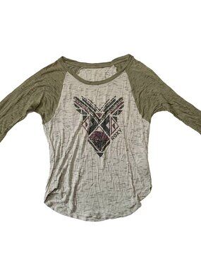 VTG Y2K Roxy Raglan Baseball Tee Women's M Gray Green Graphic Heart 2000s